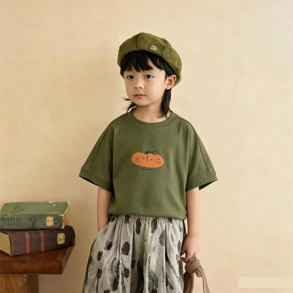 Beige Green T Shirt Infant Summer Clothes Cartoon Printed Tees Fashion Casual Short Sleeve Children Cotton Versatile Base Shirt