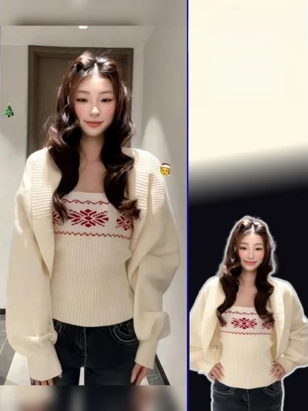 

plus Size Women's Knitted Slim Fit Vest Top Bot Set ort Sle Fair Isle Design Casual Wear V-Ne Long Sve Thermal Ou...