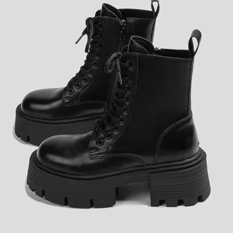 Crossover Strap Shoe for Womens Round Toes Chunky High Heels Pleated Female Short Boots Solid Tacones Sewing Lines Zapatos Mujer