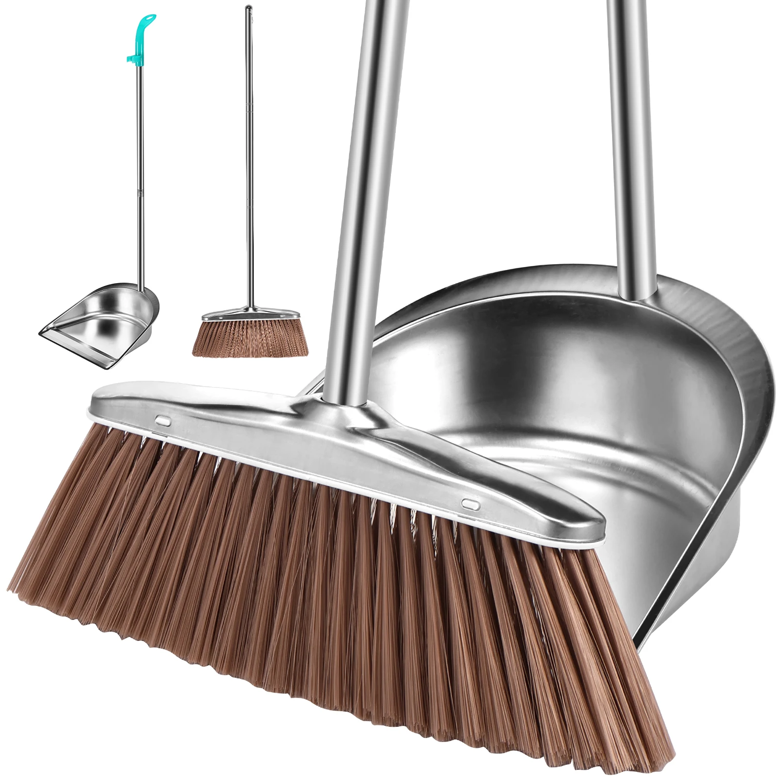 Broom and Dustpan Set with Long Handle Heavy Duty Stainless Steel Dustpan with Broom Space Saving Broom Dustpan Combo Sweeper