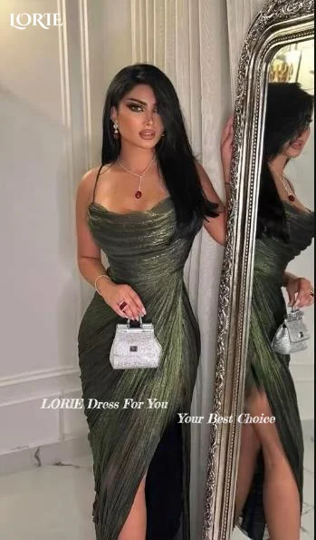 LORIE Modest Crepe Evening Dress Pleats Sider Slit Ruffle Floor Length Prom Dresses Ruched Illsion Arabia Party Gowns Customized