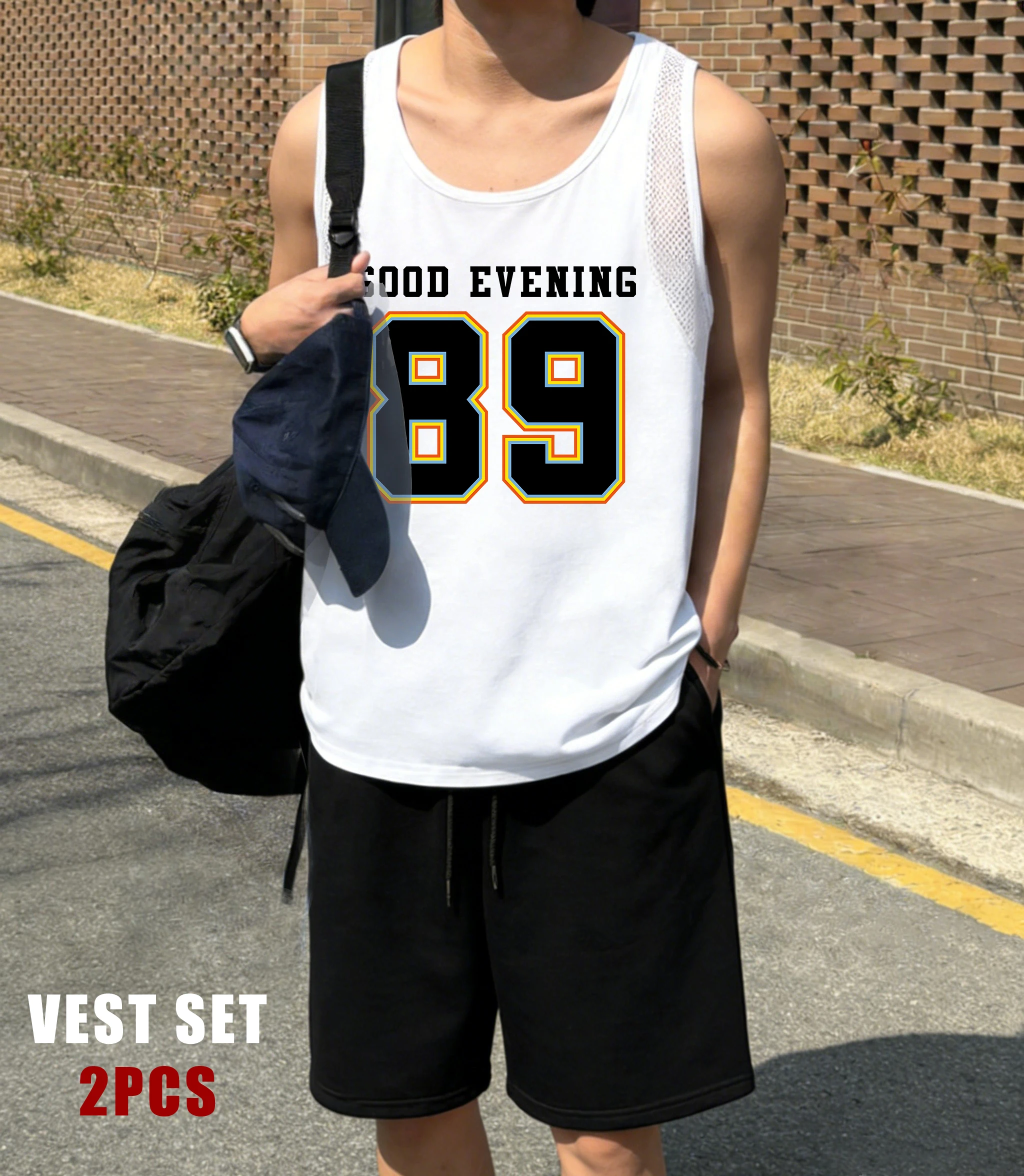 

Good Evening Number 89 Mens Reticular Vest Set Summer Breathable Tops Street Hip Hop Fashion Sleeveless Unisex All-Match Shorts