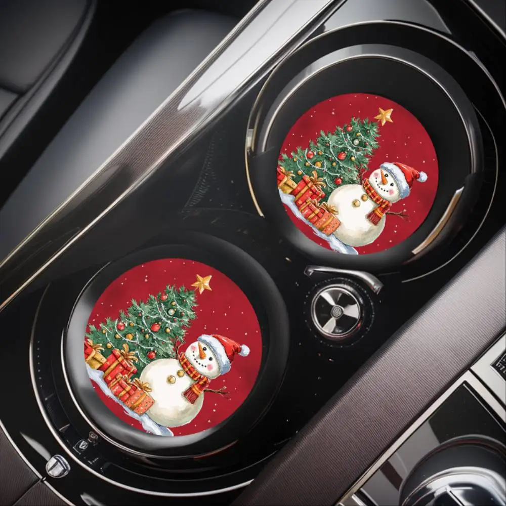 Christmas Tree Snowman EVA Car Cup Holder Coasters 2pcs Absorbent Non-slip Universal Cup Pad Print Position May Vary