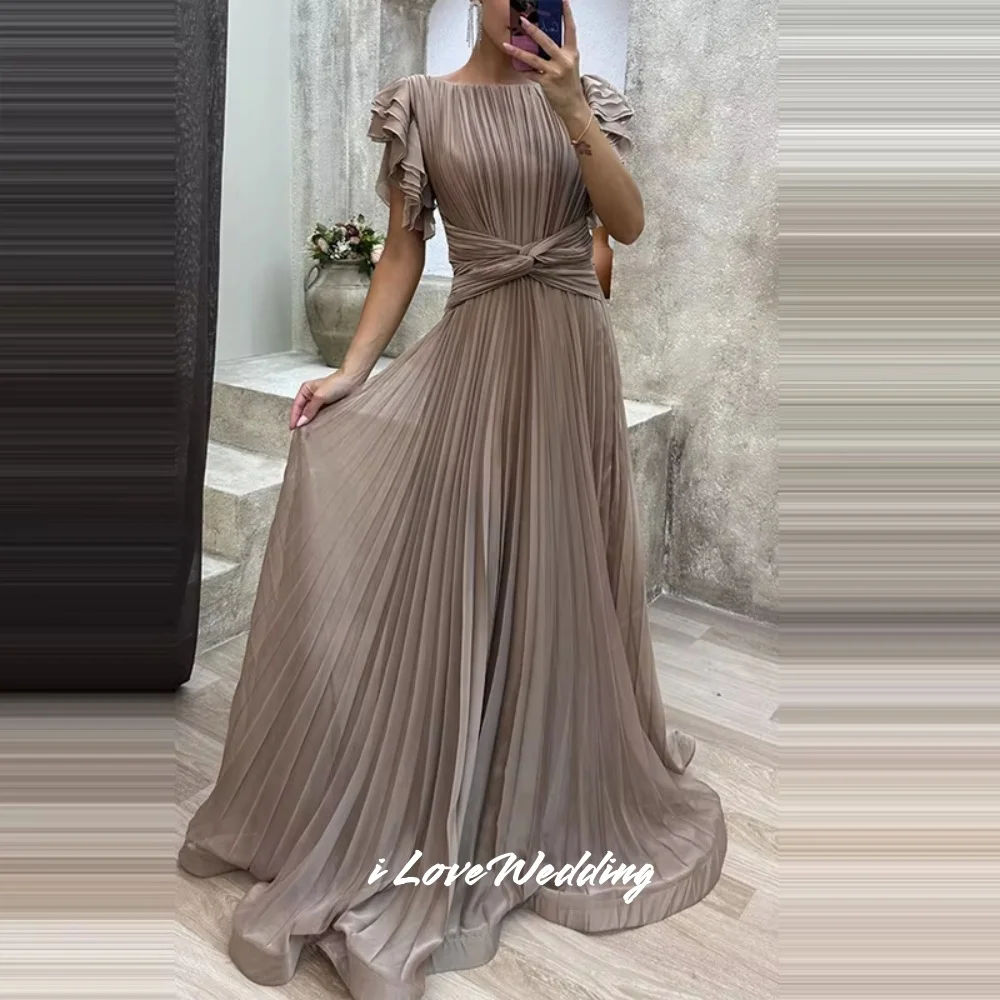 Rose Pink O-Neck Evening Dresses 2025 Cap Sleeves Ruffles A Line Floor-Length Pleated Prom Dress Wedding Party Dress Customized