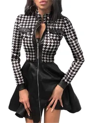 Women's Autumn Winter Long Sleeved Sexy V-neck Fashionable Printed Zipper Fly Sleeve Pocket Dress For Women