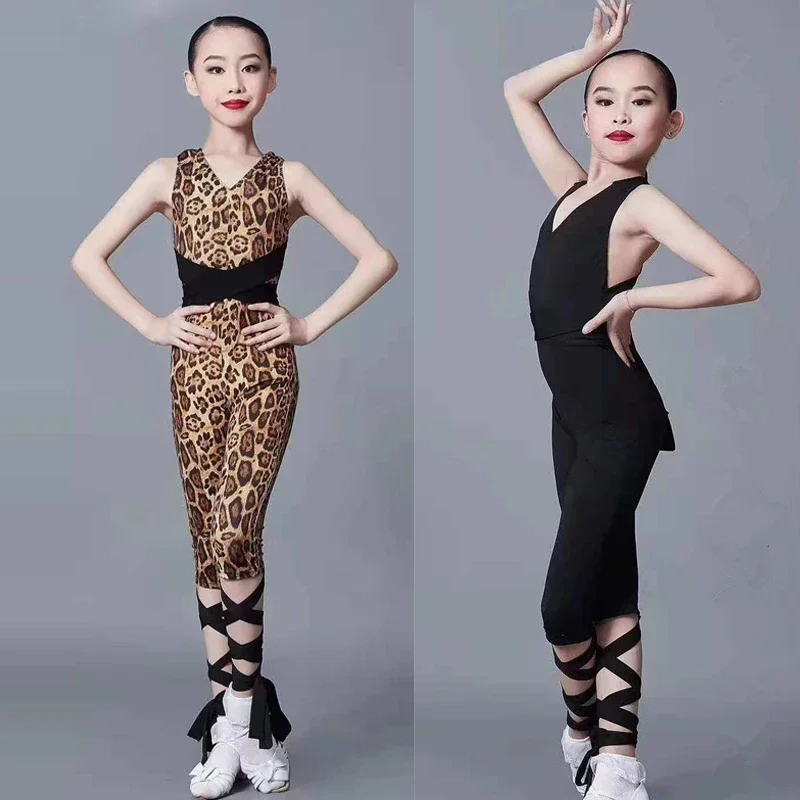 Traje de Top de leopardo para niños, ropa de práctica, Chacha, Samba, Tango, ropa de actuación latina, trajes de baile latino