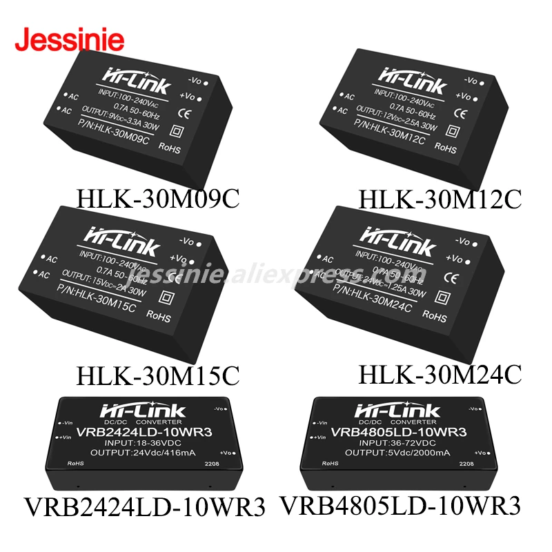 HLK-30M09C 30M12C 30M15C 30M24C 10W AC-DC VRB2424LD/VRB4805LD-10WR3 30W DC-DC Power Module 9V 12V 15V 24V 48V Isolated Regulated