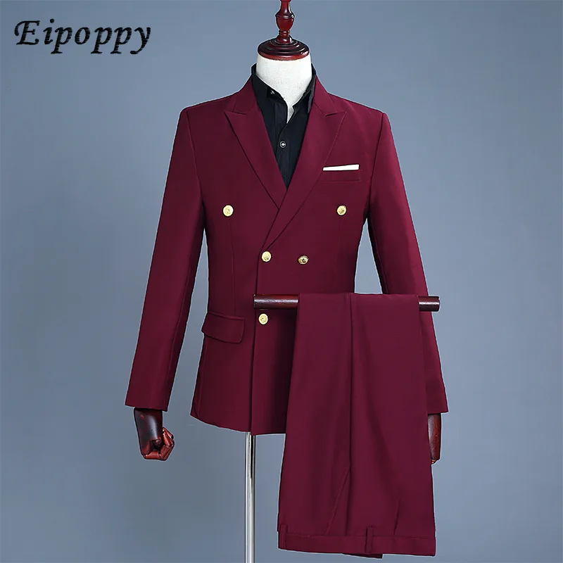 

Esmoquin Red Wine Set Double Row Gold Buckle Suit Evening Party Costume Host Singer Annual Meeting Costume