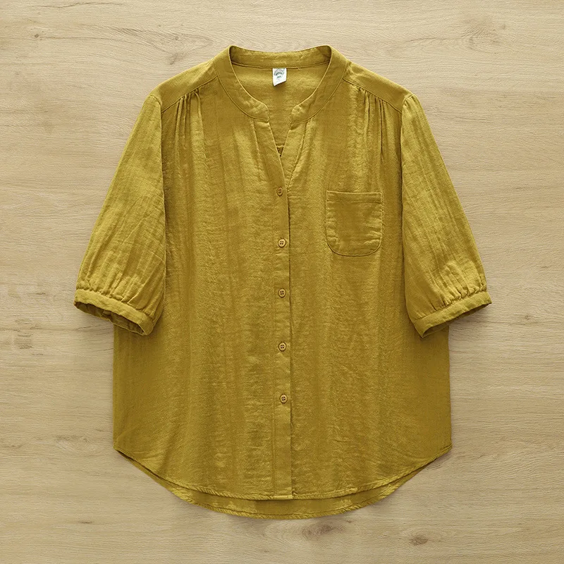 New 2025 Summer Cotton Yarn Half Sleeve Shirt, Women V Neck Solid, Mori Girl Soft Breathable Versatile Loose Blouse T55369CC