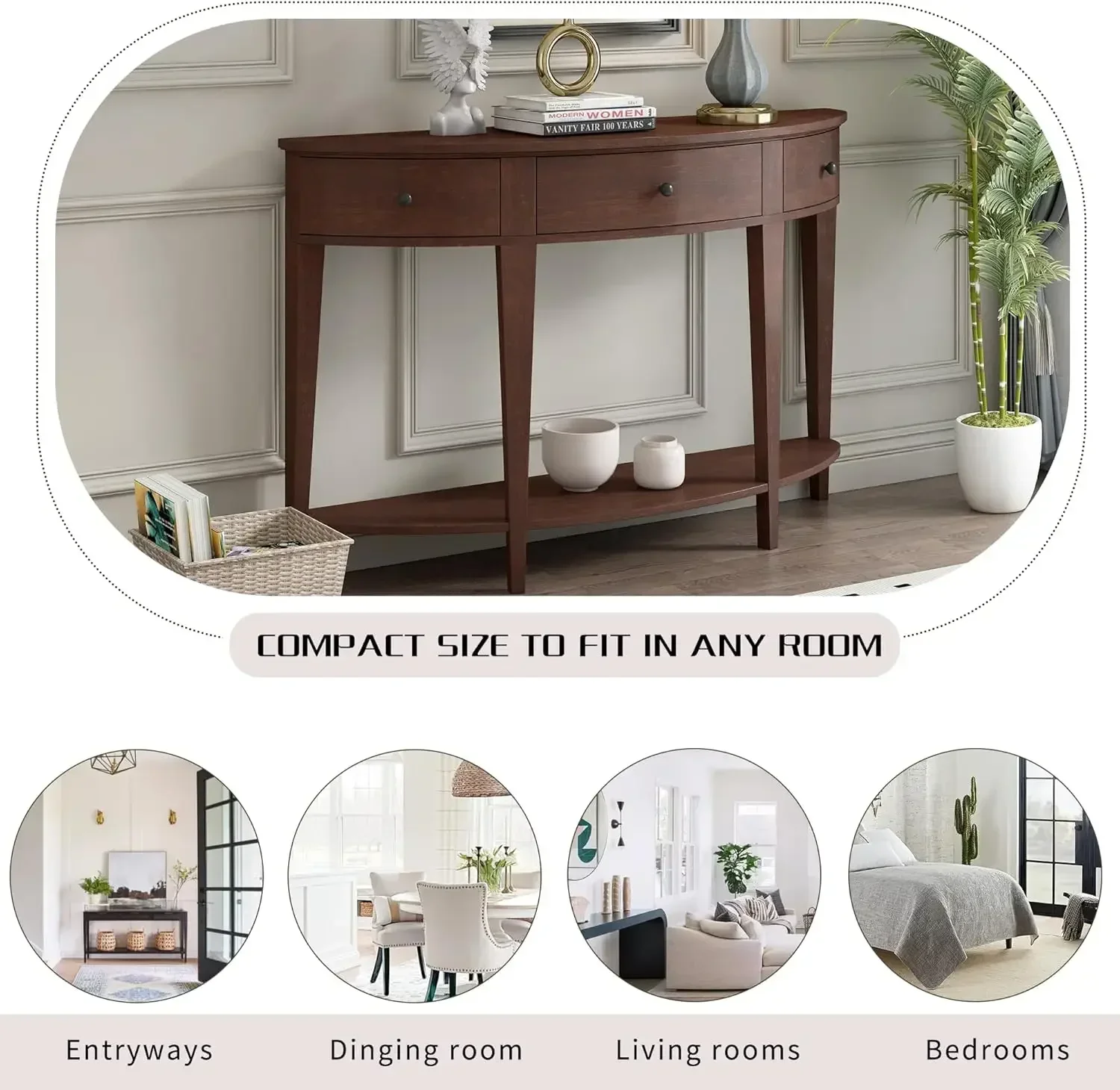 [Preço com desconto! Frete grátis! ] Sofá de mesa de console de design curvo com estrutura de madeira maciça resistente, 3 gavetas de armazenamento e bott