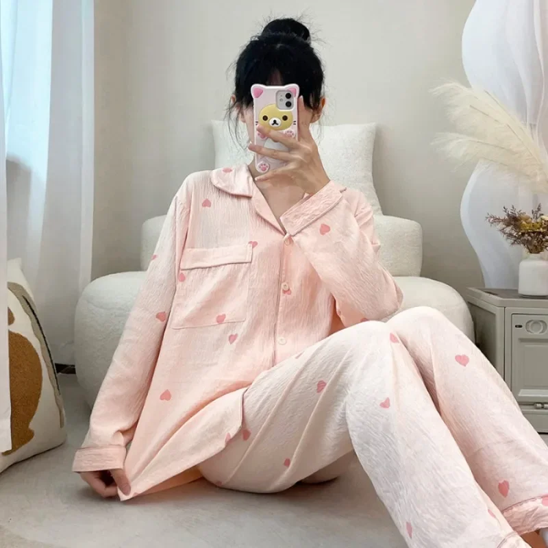 140kg Plus Size Cardigan Pajamas Women 5XL Spring and Autumn Long sleeve Sweet Loose  Outer Wear Homewear Set Korean Sleepwear