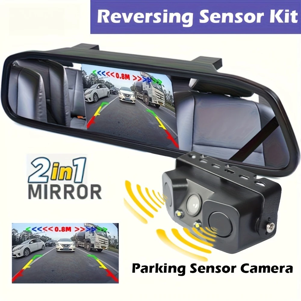 Car Reversing Mirror Kit 3in 1 Sensor Camera Visible Display Rear View LED Parktronic Alarm System Easy Installation