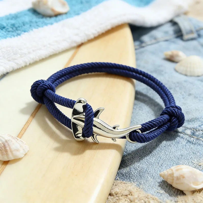 Nautical Black Silvery Shark Bracelet Unisex Multilayer Sliding Adjustable Nylon String Casual Braslet Outdoor Couple Wristband
