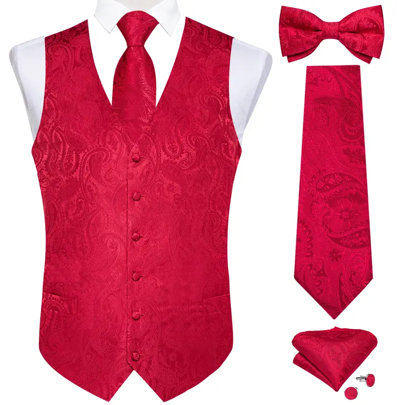 Men Black Paisley Vest Necktie Bowtie Pocket Square Cufflinks Dress Set жилетка мужская Classic 5 PCS Business Waistcoat for Man - Image 8
