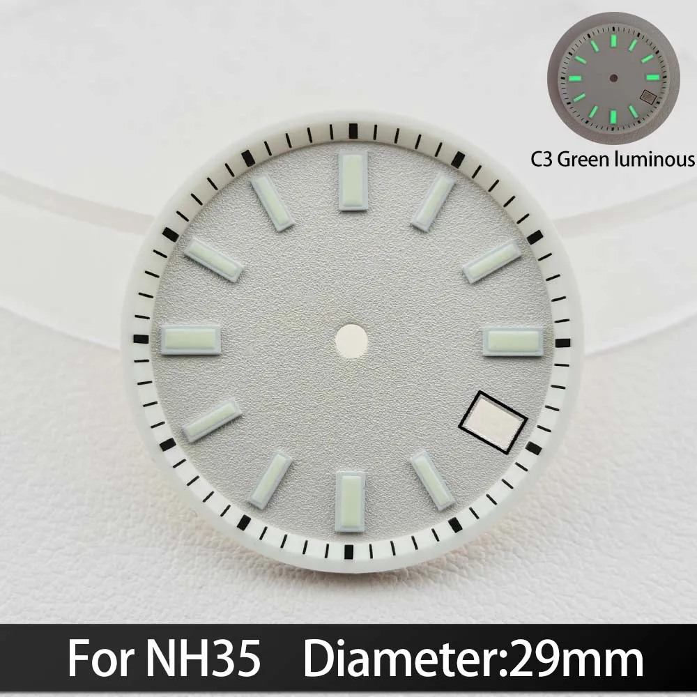 For NH35/NH36 Dials 29mm C3 Green luminous Calendar Window Concave Dial NH35 Automatic Movement Watch Replacement Parts