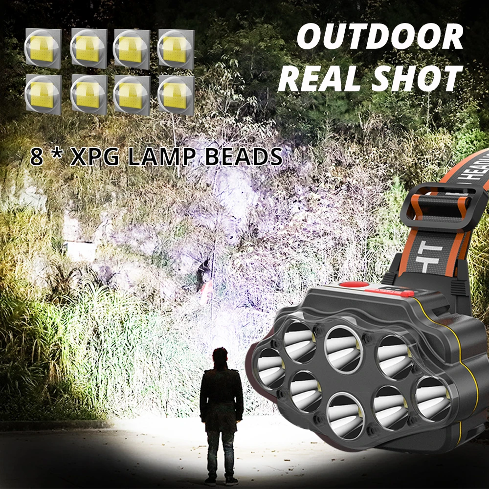 8*XPG Rechargeable LED Headlamp Wide Range Lighting Headlights 4 Lighting Modes Camping Lantern Powerful Headlamp Fishing Lamp