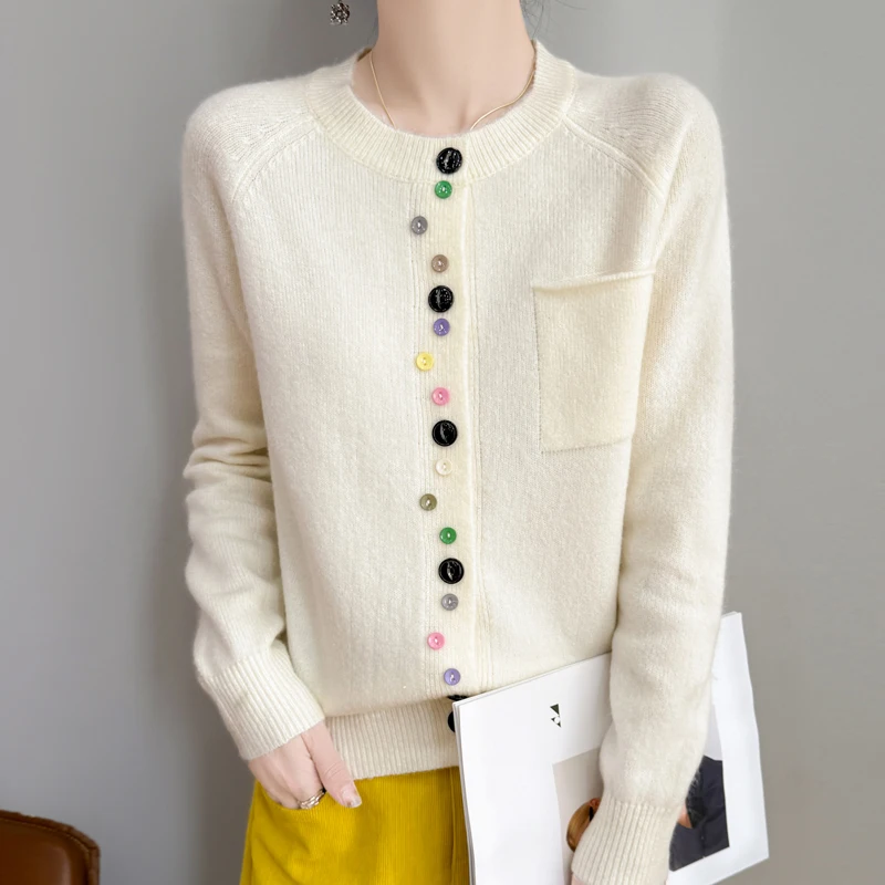 المرأة ميرينو الصوف سترة الياقة المستديرة سترة معطف اللون أبازيم الملابس الخريف الشتاء طويلة الأكمام تريكو قاع القمم