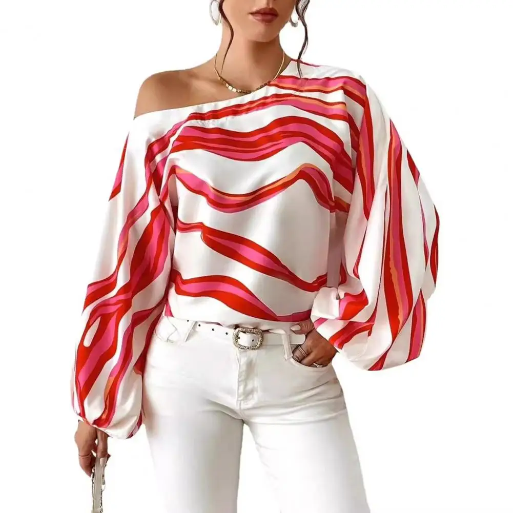 Regular Fit Women Blouse Geometric Striped Print Women\'s Spring Summer Blouse with Lantern Long Sleeve Slash Neck for Women