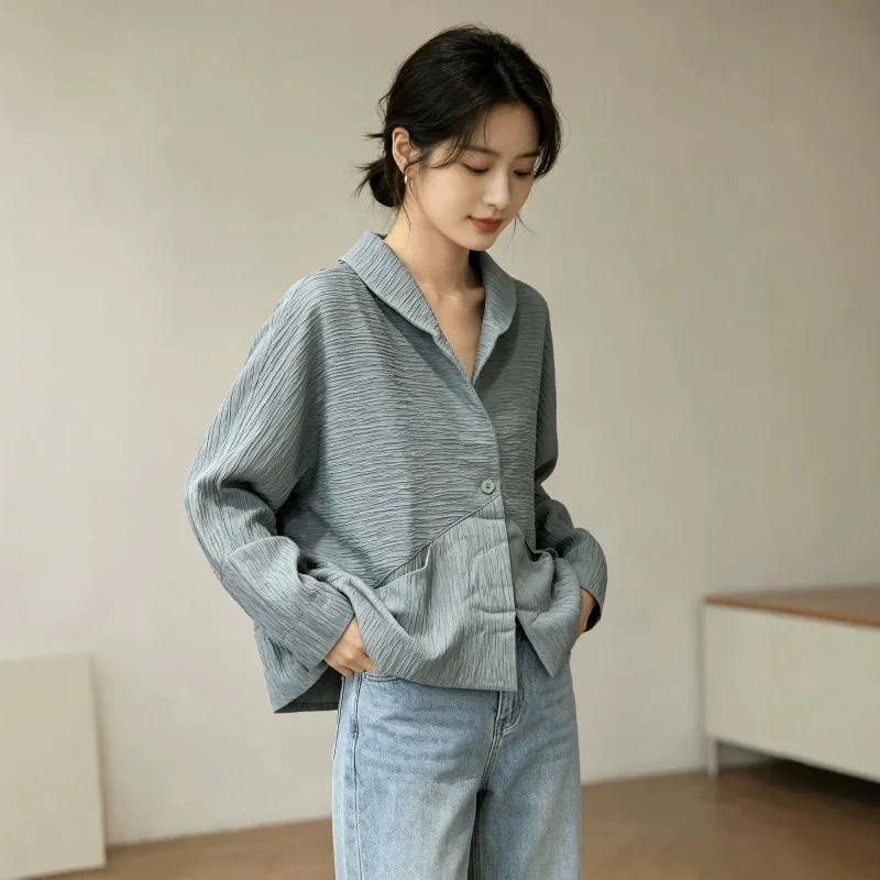 Miyake Pleated 2026 New Women's Jacket Spring Autumn Turn-down Collar Single Button Patchwork Loose Pleated Casual Cardigan