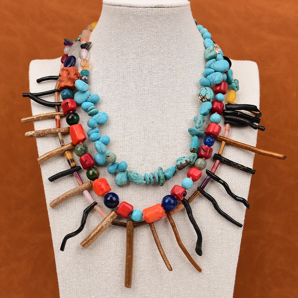 

GG Handmade 3 Rows Natural Mix Stone Blue Turquoise Coral Gems Necklace For Women