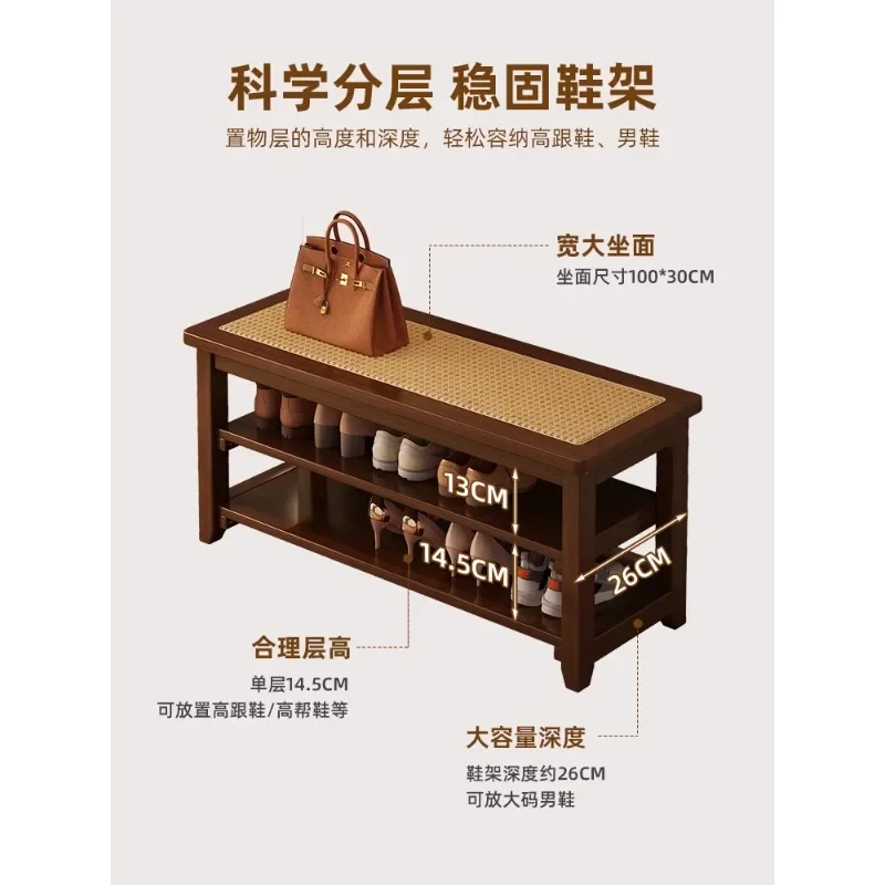 The shoe change stool is solid wood at door of the home, and you can sit on  shoe stool to enter home shoe cabinet.