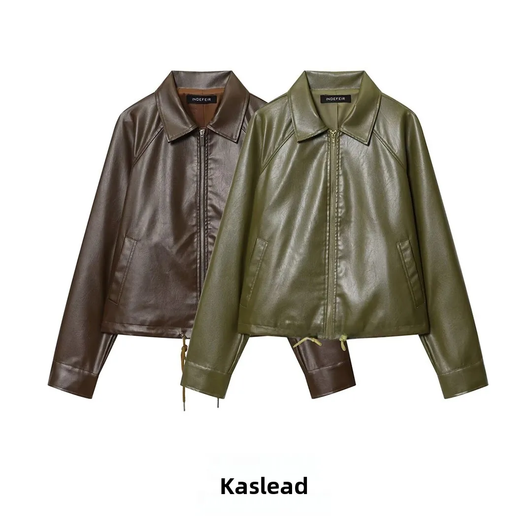 KASLEAD Faionable Women's Leather Jaet Coat Dstring ort Outerwear Autumn New Sle Long Sve Zipper Closure