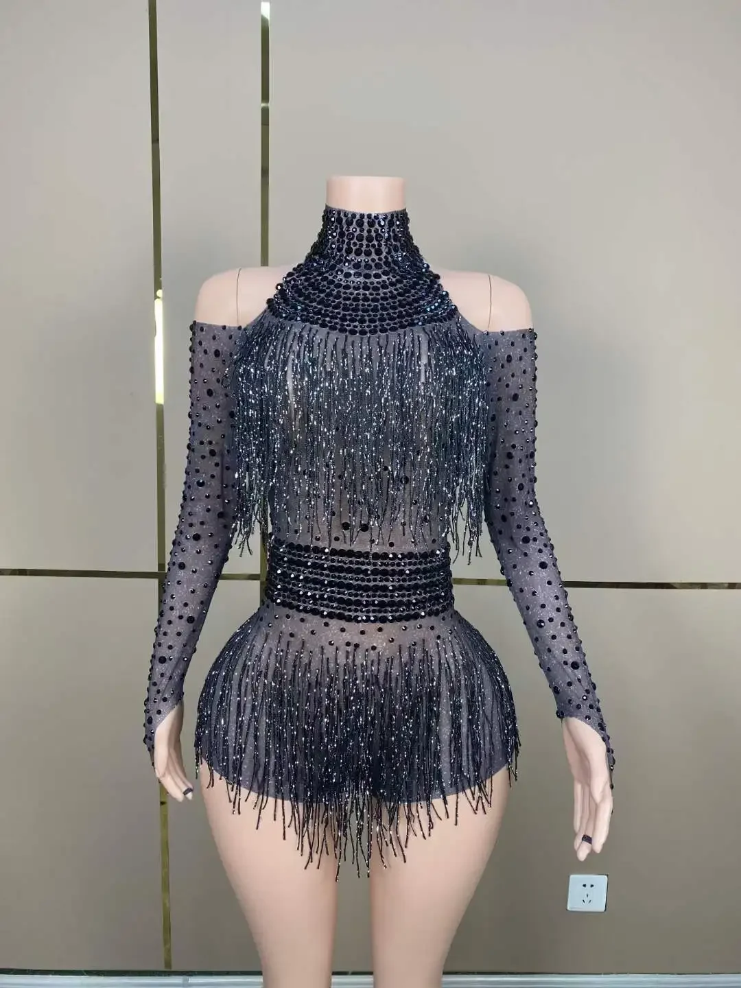 

Sparkly Drag Queen Bodysuits Black Long Sleeve Rhinestone Fringe Romper Women DJ DS Gogo Night Club Dance Costume