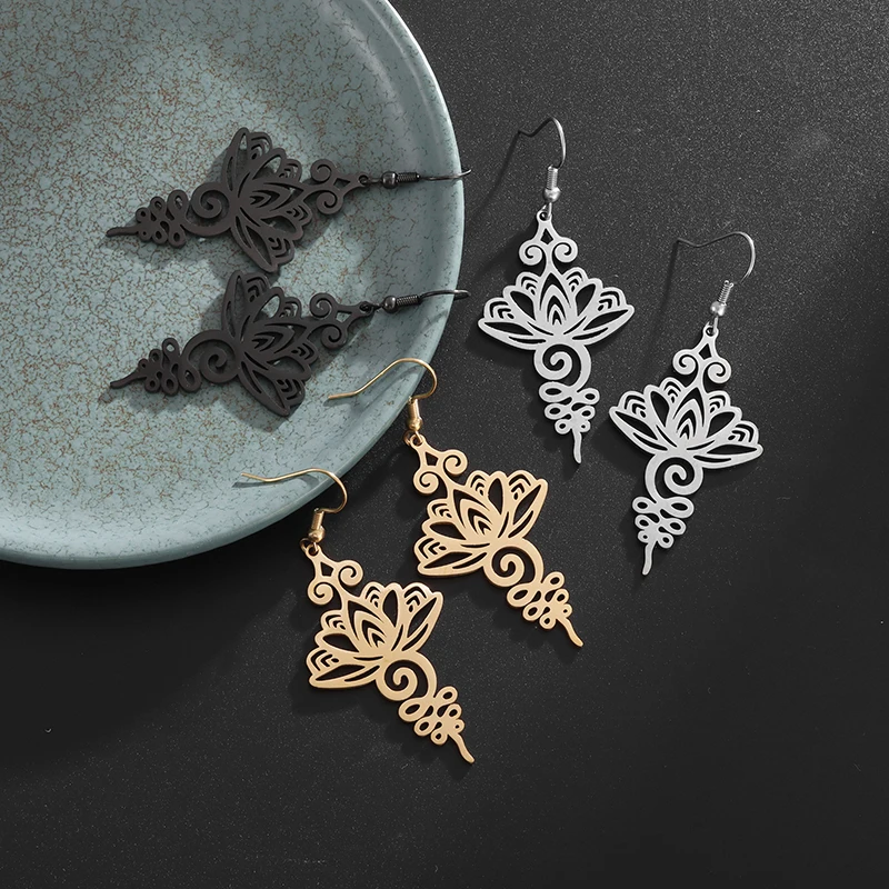 Exquisite Stainless Steel Religious Lotus Pendant Earrings Hypoallergenic Earrings Women's Fashion Yoga Casual Gift