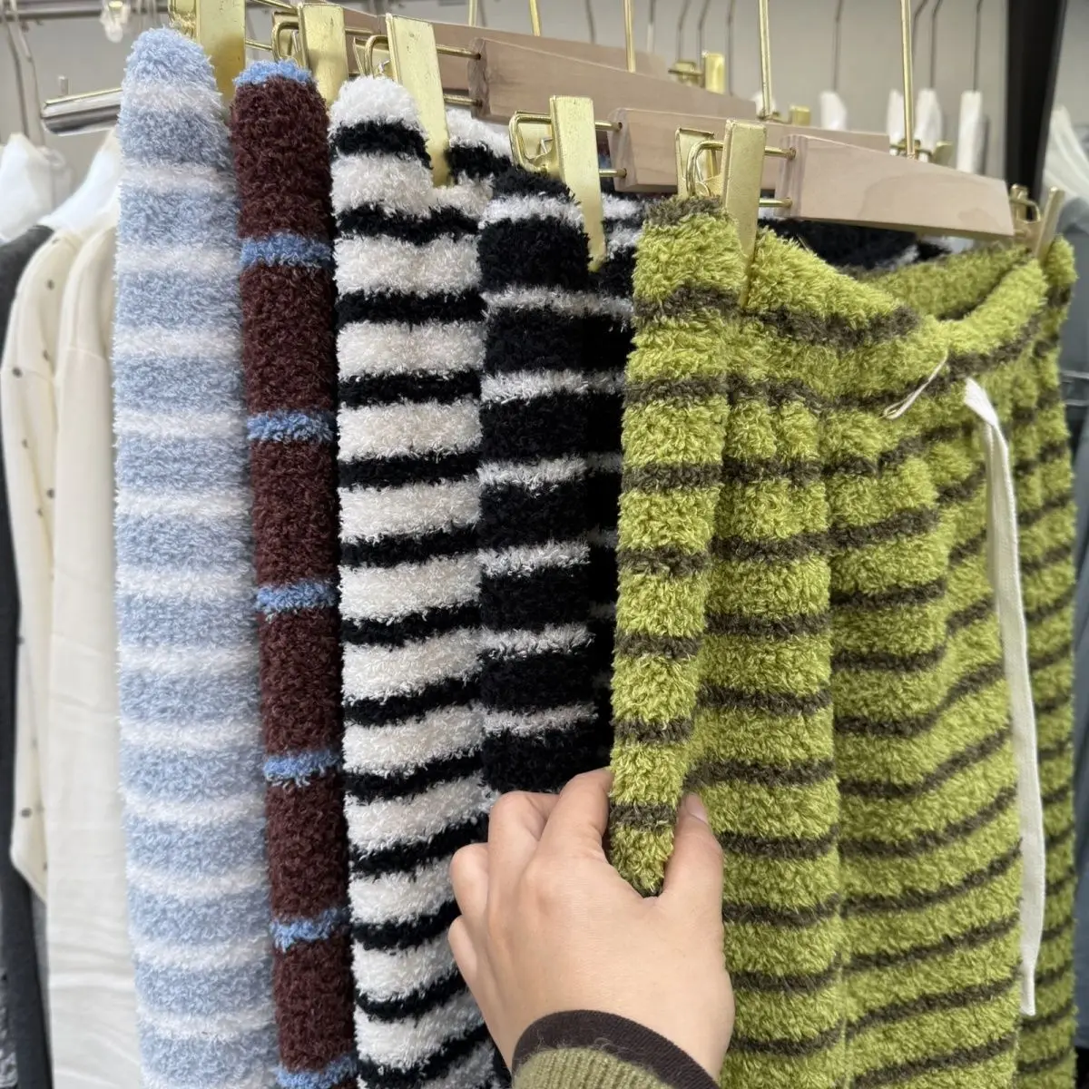 

Loose Pajama Pants Half-sided Velvet Women's Large-size Thermal Home Pants Outside Striped Wool Autumn Winter Sleep Bottoms