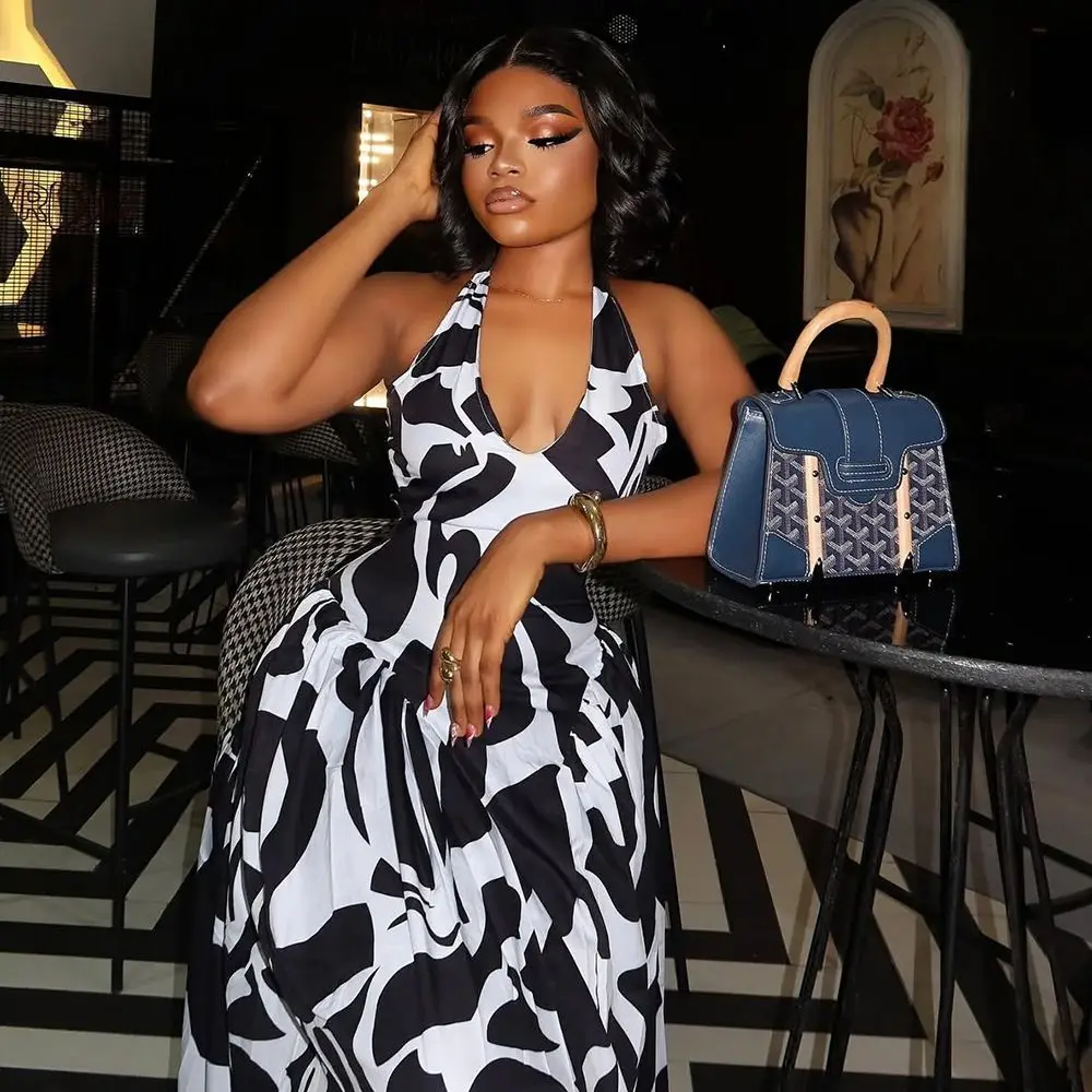 Fashion African Digital Printed Halter Neck Long Dresses European And American Ladies New Style Casual Zebra Print Sexy Dress