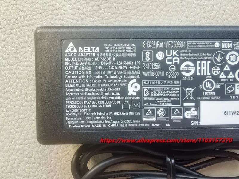 الأصلي دلتا ADP-65DE B 65W 19V 3.42A التيار المتناوب/تيار مستمر محول شاحن لشركة أيسر TravelMate TMP40-51 أسباير A315-22G A315-55G A315-55KG