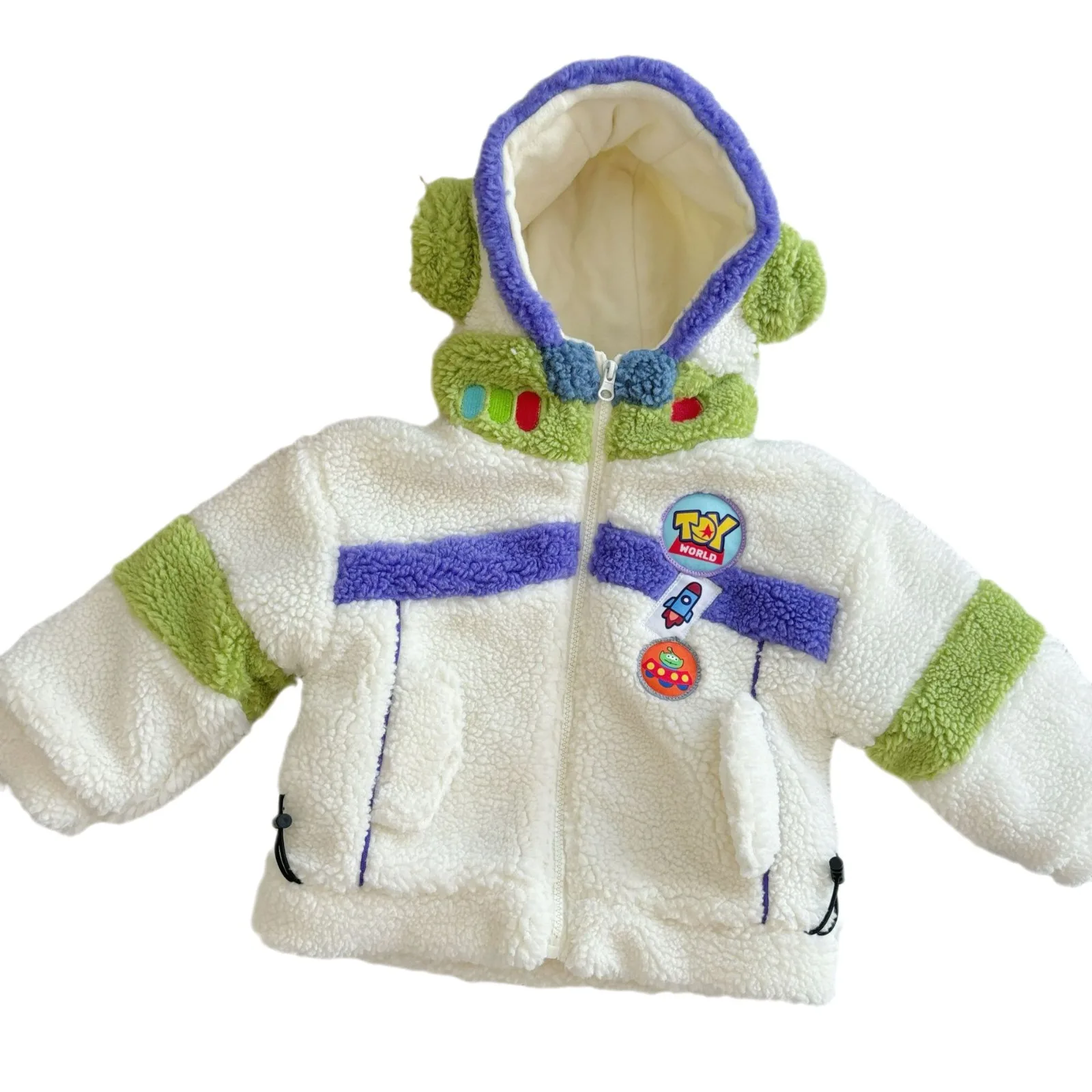 Disney Buzz Lightyear Winter Children\'S Plush Thickened Premium Texture Splicing Color Contrasting Hooded Cartoon Cotton Jacket