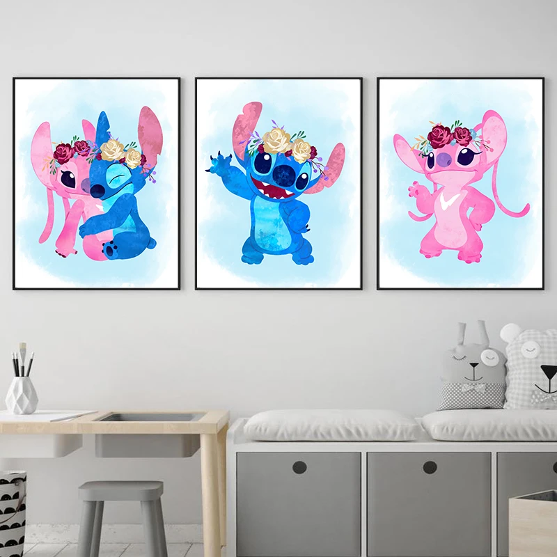 Lilo and Stitch Watercolor Art Painting Canvas Print Cartoon Angel Poster Nursery Wall Pictures Girls Boys Kids Room Wall Decor