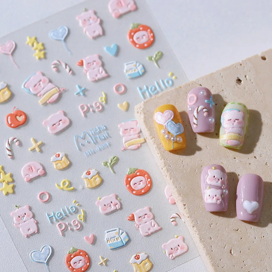 Lovely Cartoon Piglet Pudding Apple Stars 5D Soft Reliefs Self Adhesive Nail Art Stickers Cartoon 3D Manicure Decals Wholesale