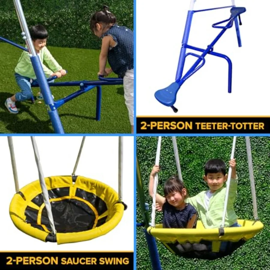 Metal Swing Set: Blow Molded Standing Swing, Teeter Totter, Saucer Swing+5' Wavy Slide, Standards*4pc Anchor Kit*