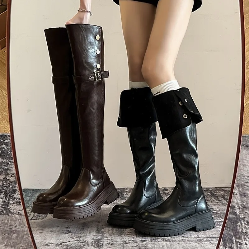 

Новинка 202, осенне-зимние сапоги до колена на толстой подошве, женские кожаные женские высокие сапоги, ботинки в стиле панк на массивной платформе