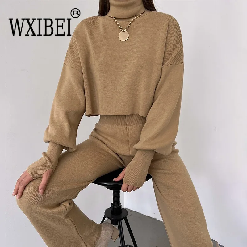 

WXIBEI Women's Autumn and Winter New Casual Sweater Set High-neck Loose Long-sleeved Trousers Women's Two-piece Set ALH089