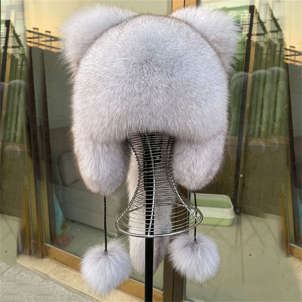 100% Fox Fur Hat Real Fur Hats Woman Russian Ushanka Aviator Trapper Snow Skiing Hat Caps Earflap Warm Winter Raccoon Fur Hat