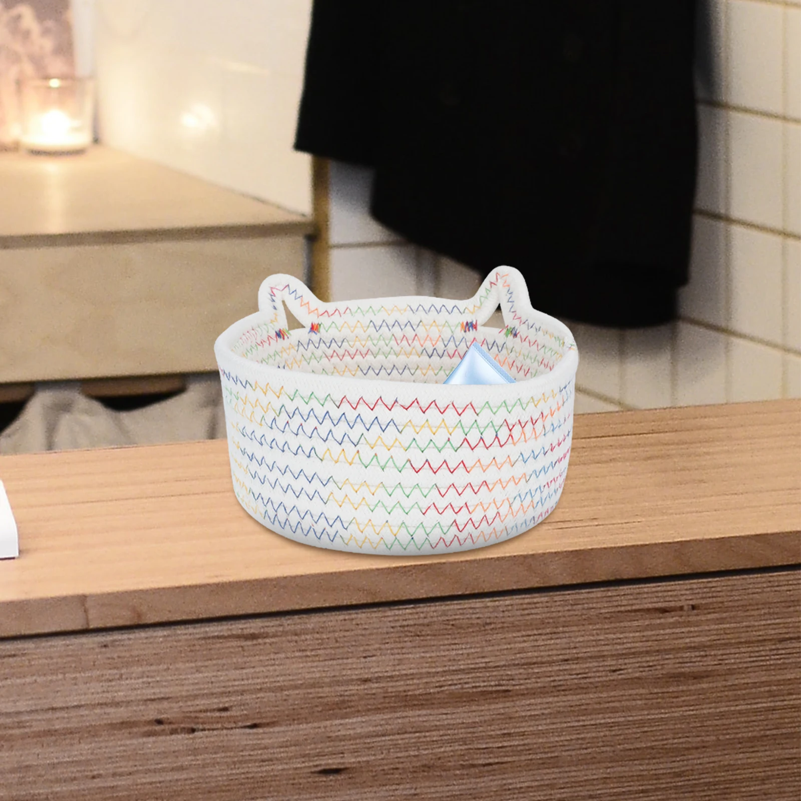 

1pc Cat Ear Storage Basket Cotton Rope Household Organizer for Bedroom Makeup Accessories Decorative Home Woven Desktop Basket