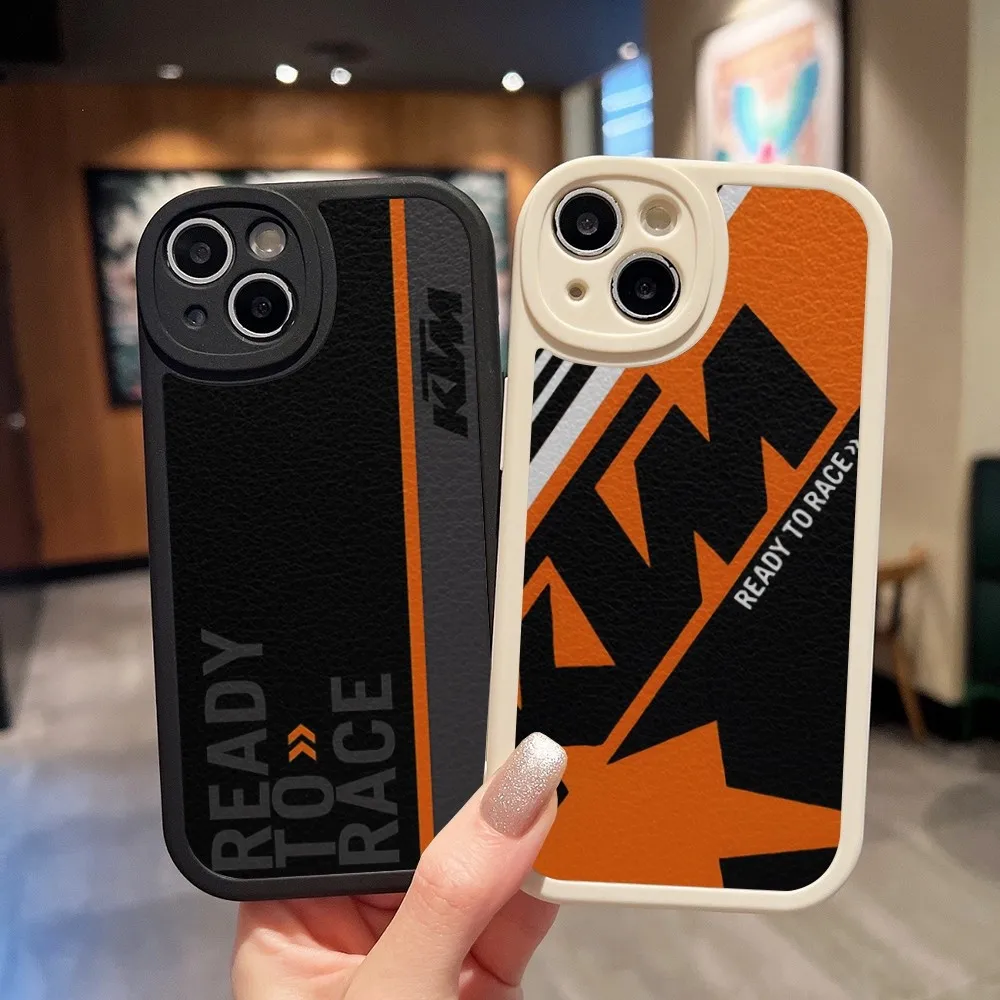 Motorcycle Racing K-KTMess Phone Case For IPhone 14 15 11 13 12 Pro Max Mini X Xr 8 Plus SE2020 White Leather Soft Silicone Texture Cover