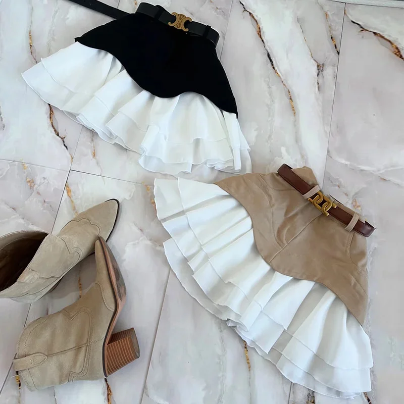 Fashion Women Patchwork Pleated Skirt Retro Khaki Low Waisted Mini Skirt Harajuku Y2K Kawaii Streetwear 2025 Denim Skirt