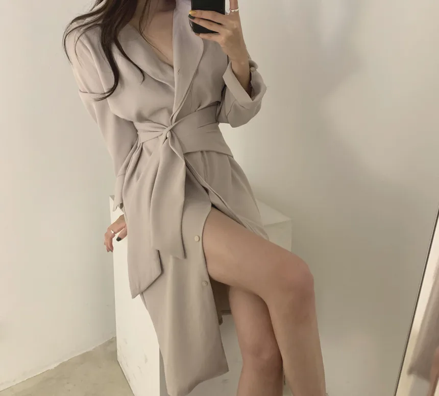 가을 한국 스타일 하이 스트리트 유행 미니멀리스트 드레스 여성 싱글 브레스트 벨트 블레이저 칼라 롱 드레스 우아한 세련된
