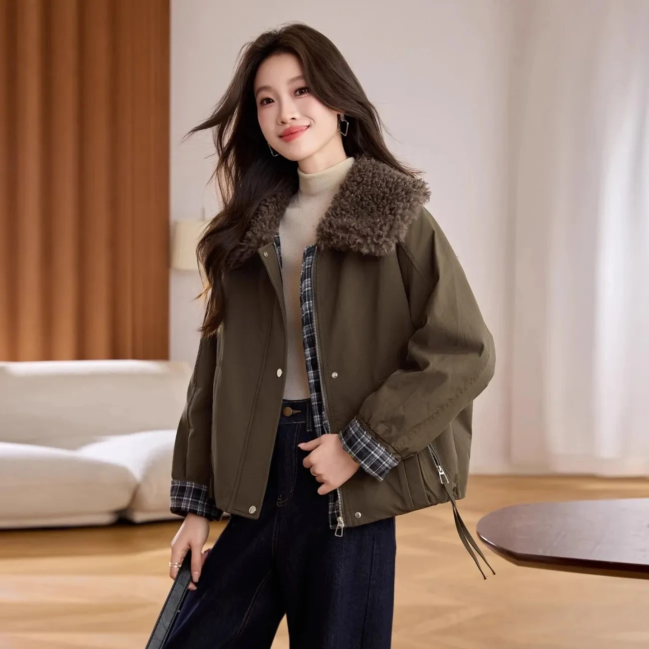New Women's Casual Jacket 2026 Autumn Winter Retro Lapel Joker Lady Outerwear Loose Lambswool Cardigan Ladies Short Coats