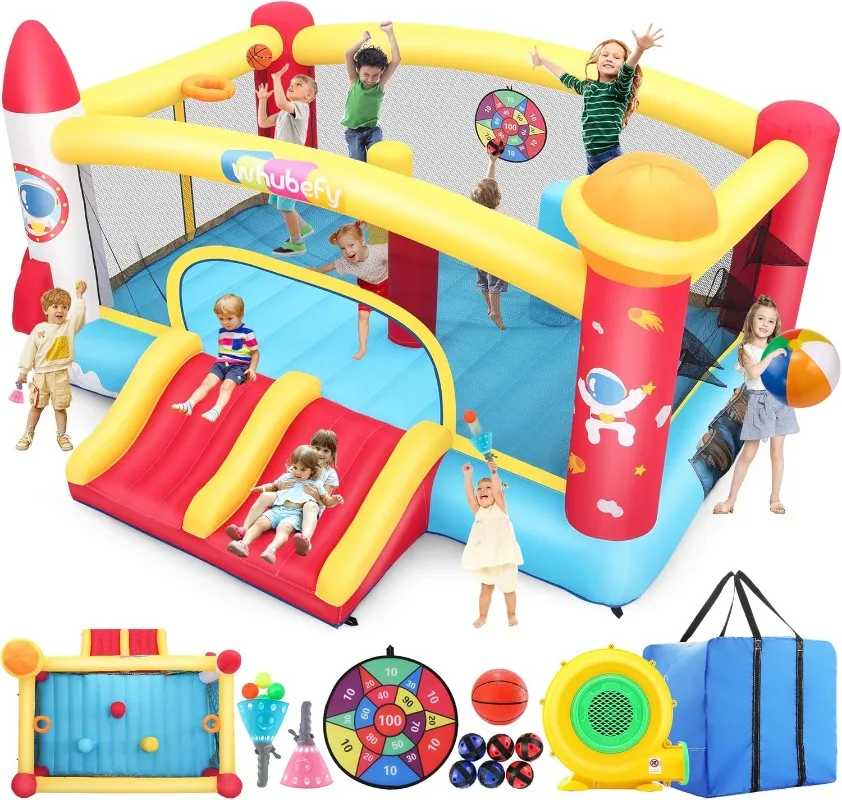 

Надувной прыгающий домик Whubefy для больших детей 3–12 лет с двойной гоночной горкой и 3-перфорационным сумнем с препятствиями