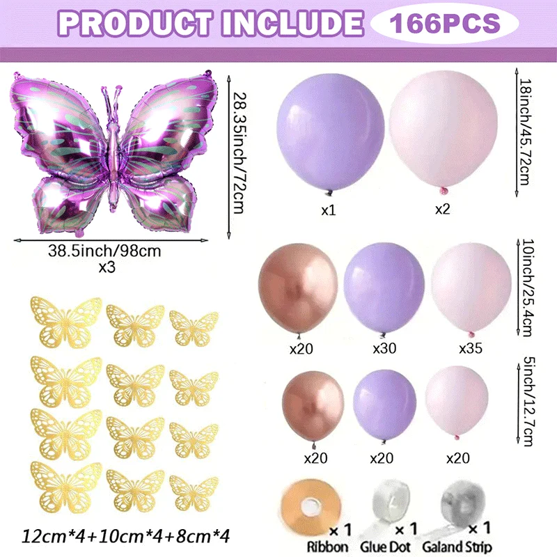 166Pc Butterfly Balloon Set Garland Arch Purple Butterfly Girl Birthday Party Supplies Macar Pink Baby Shower Wedding Decoration