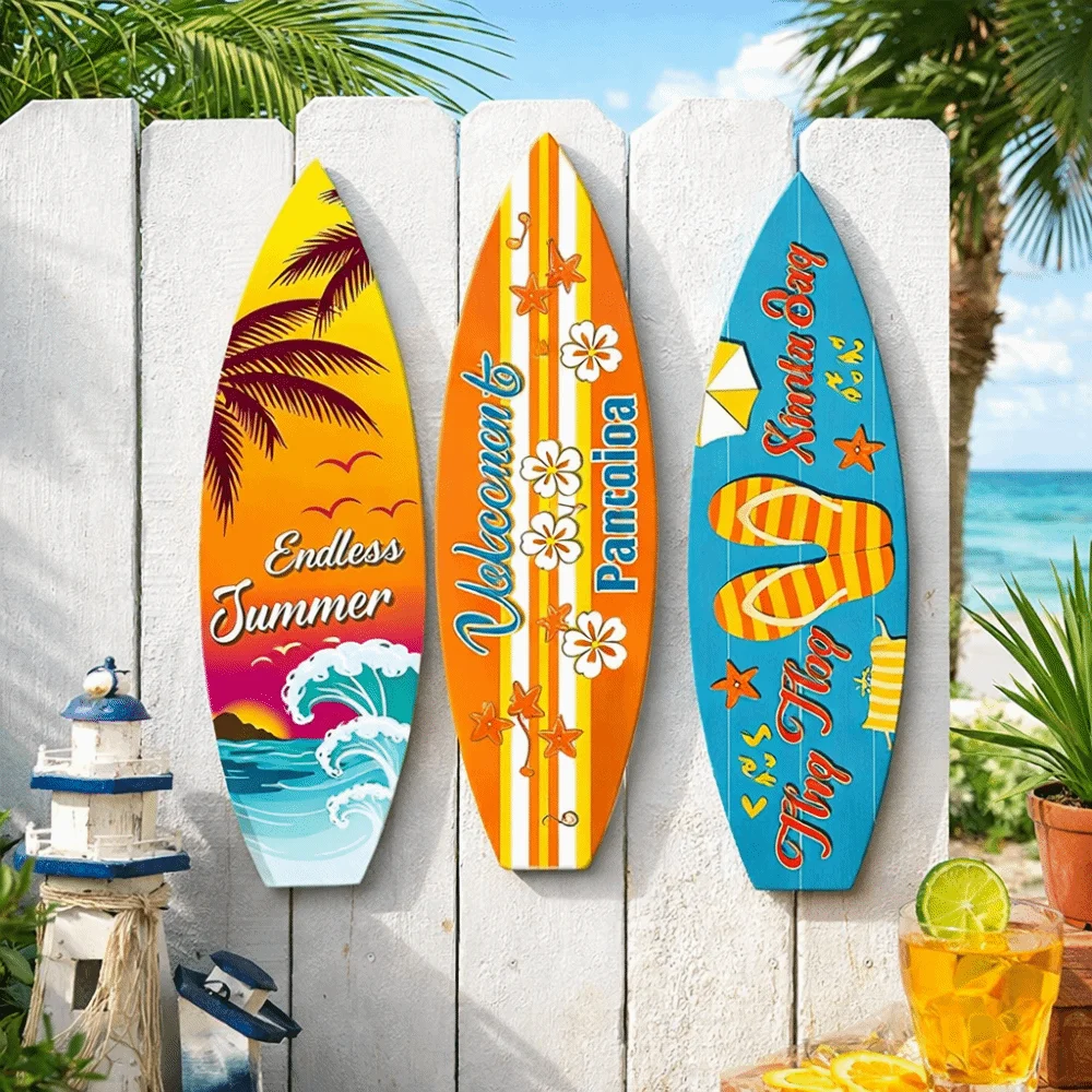 

Summer Beach Themed Surfboard Wall Hanging Colorful Retro Wooden Surfboard Sign Handcrafted Surfboard Ornaments Patio Design