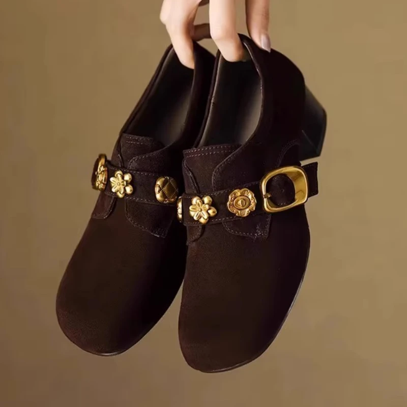 

Elegant High Heels Women Shoes Flower Fashion Chunky Sandals Designer 2025 Summer New Dress Party Suede Woman Pumps Zapatillas
