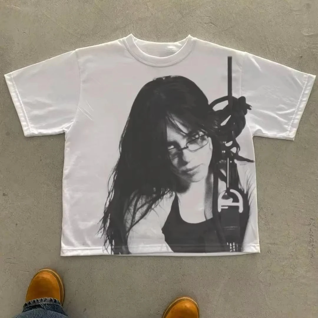 Classic Vintage Billie Eilish Guitar Photo Graphic Tee Cotton Mens Womens T-Shirt Summer Streetwear