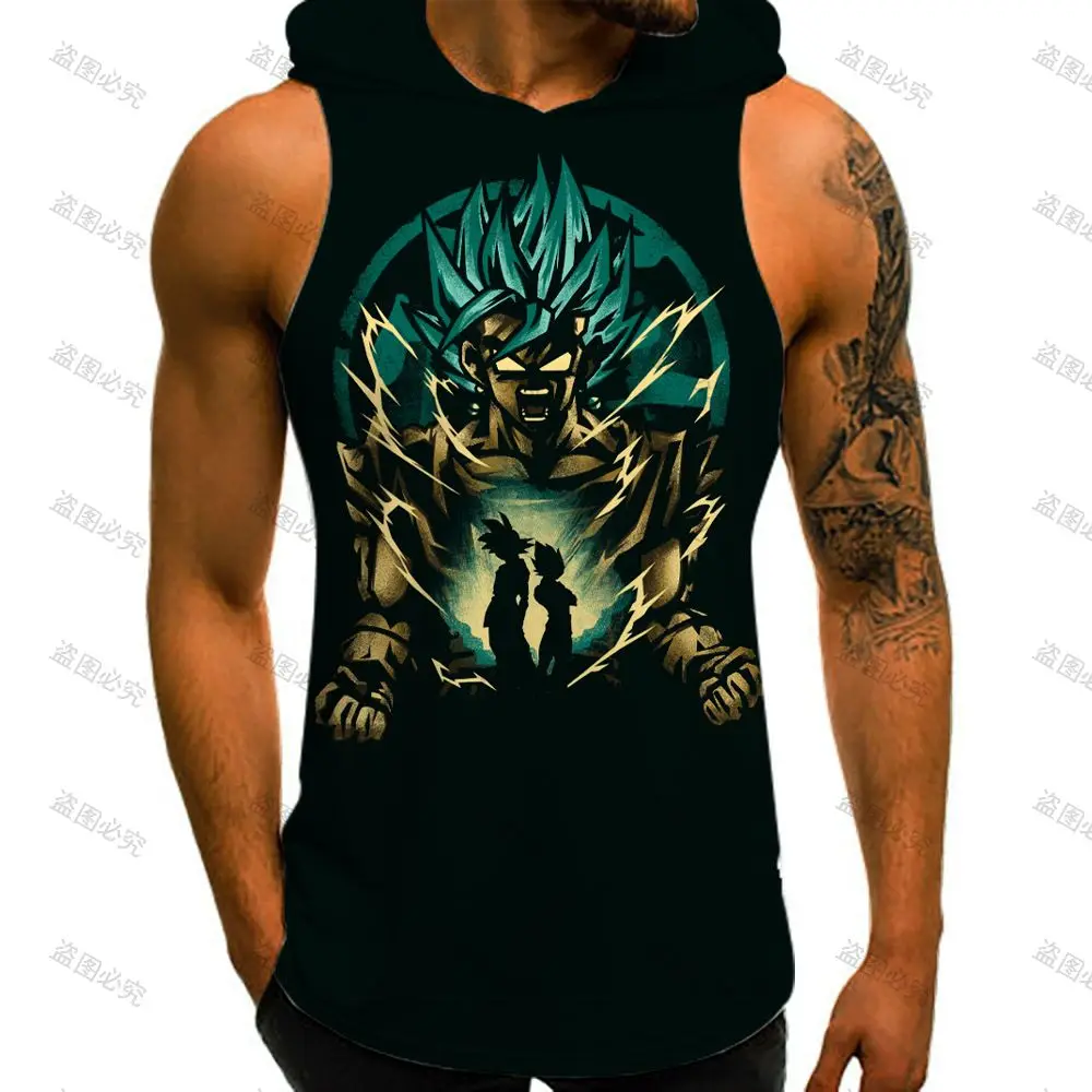 Dragon Ball Z Men\'s T-shirts Vest With Hood Summer New Super Saiyan Streetwear Gym Clothing Men Vegeta Sleeveless Vests Anime