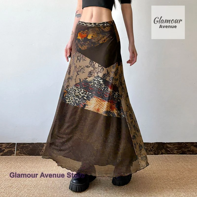 

Summer thin fashion brown retro gauze skirt female French temperament vintage print stitching design sense slim casual dress.